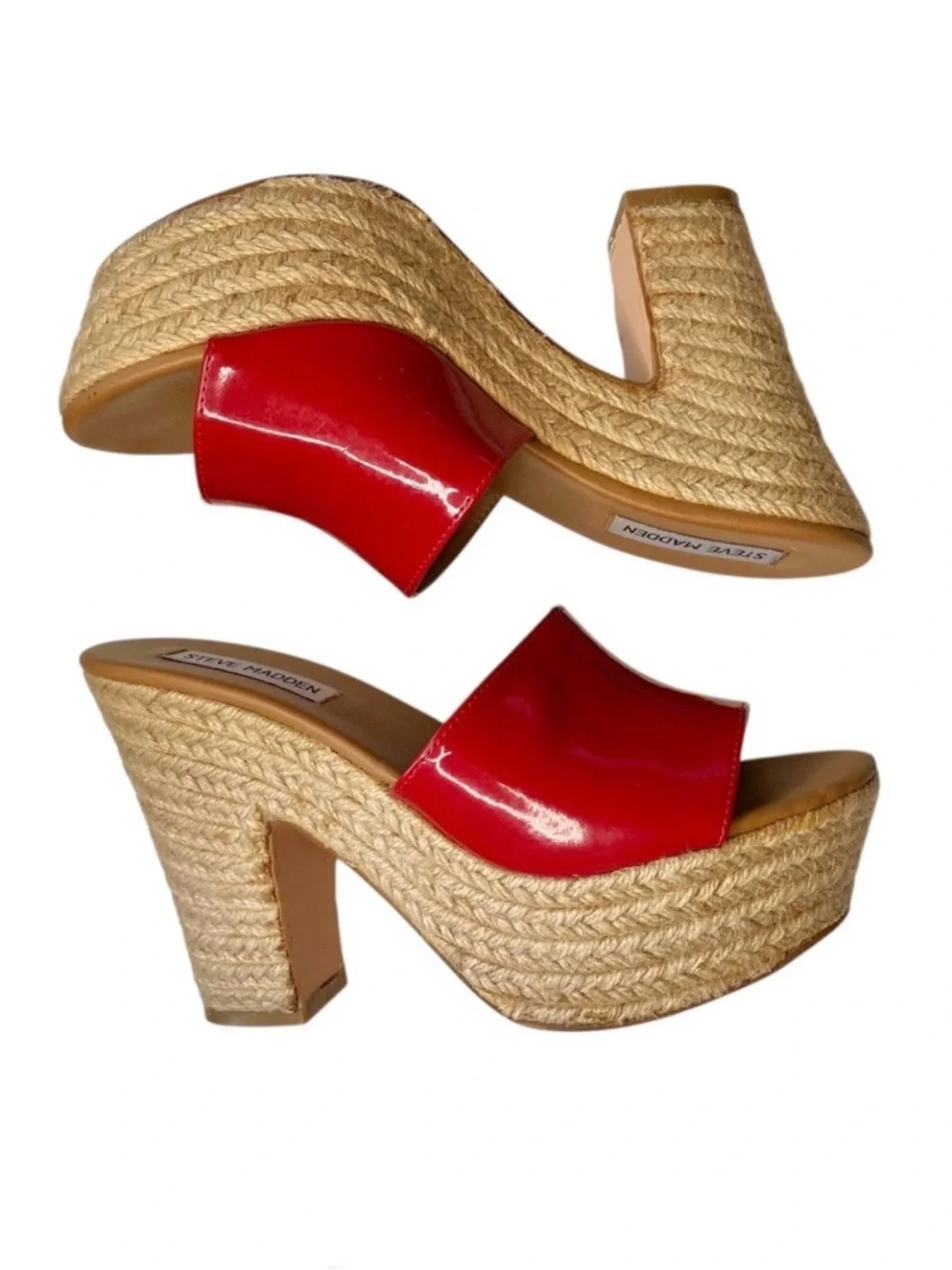 Steve Madden Korbi Red Faux Patent Leather & Woven Rope Platform Sandals | 7